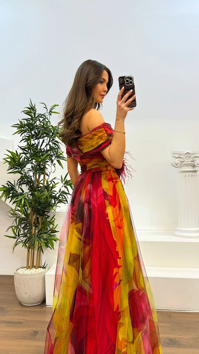 Elegant Formal Party Dress Elegant  Tie-dye Ball Gown with Mesh Bubble Sleeves Split Hem Women's Evening Dress