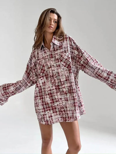 Wolfeel  Spring  Autumn New Personalized Street Retro Vintage Plaid Shirt Women's Loose Outer Long Sleeved Women Loose Shirt