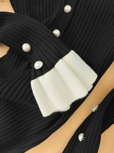 Elegant Ruffled Women Dress Long  Pit Stripe Knit Dresses For Winter Autumn Retro Lapel Pearl Button Fall Fashion Vestidos Robes