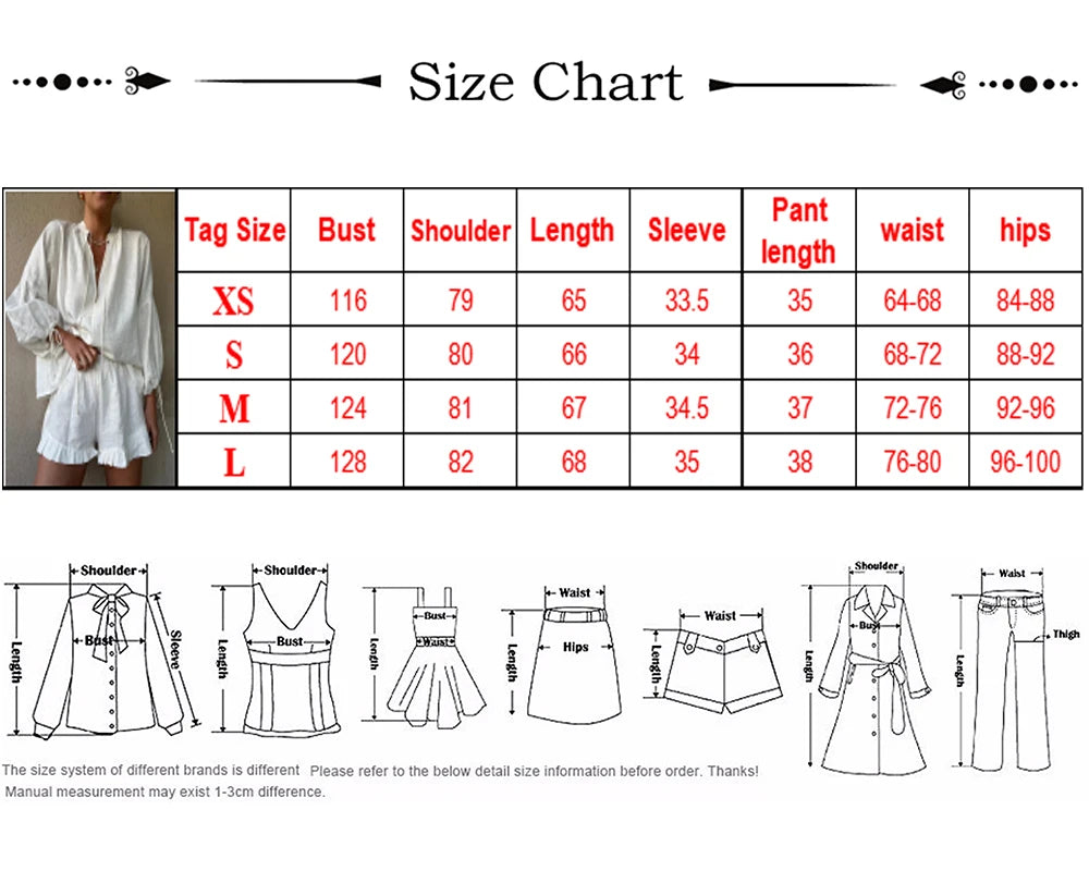2024 Casual Beach Suits Fashion Summer Cotton Linen Loose Ruffle Shorts Suits Women Long Sleeve Drawstring Pullover 2 Pieces Set