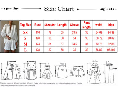 2024 Casual Beach Suits Fashion Summer Cotton Linen Loose Ruffle Shorts Suits Women Long Sleeve Drawstring Pullover 2 Pieces Set