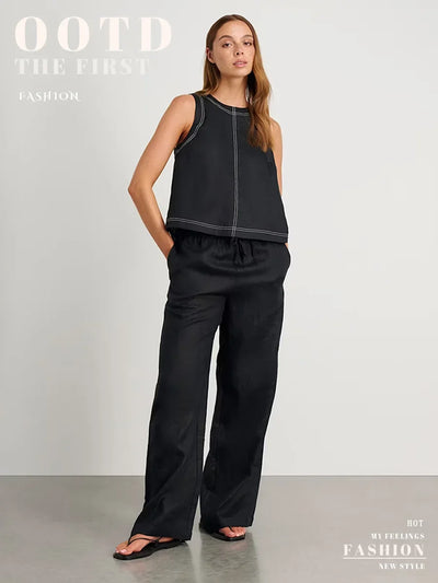 Wolfeel Cotton Linen Vest  Wide Leg Long Pants Set Women's Pants Sleeveless Top Casual Suit 2025 Spring Summer New Pant Sets