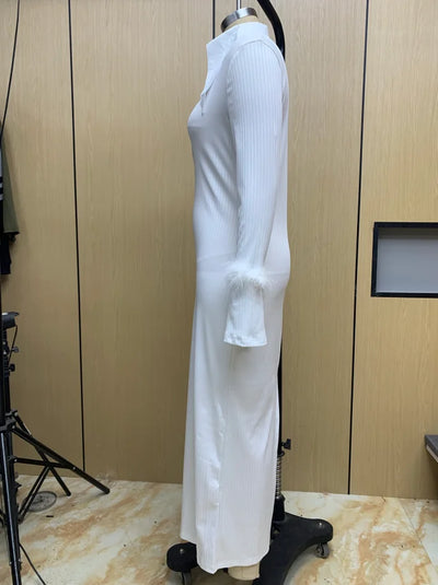 Elegant Party Dresses for Women 2023 Casual Fashion Plain Feather Detail Long Sleeve Turn-Down Collar Knit Maxi Dress Autumn
