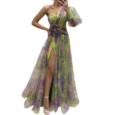Elegant Formal Party Dress Elegant One Shoulder Tie-dye Ball Gown with Mesh Bubble Sleeves Split Hem Women's Evening Dress