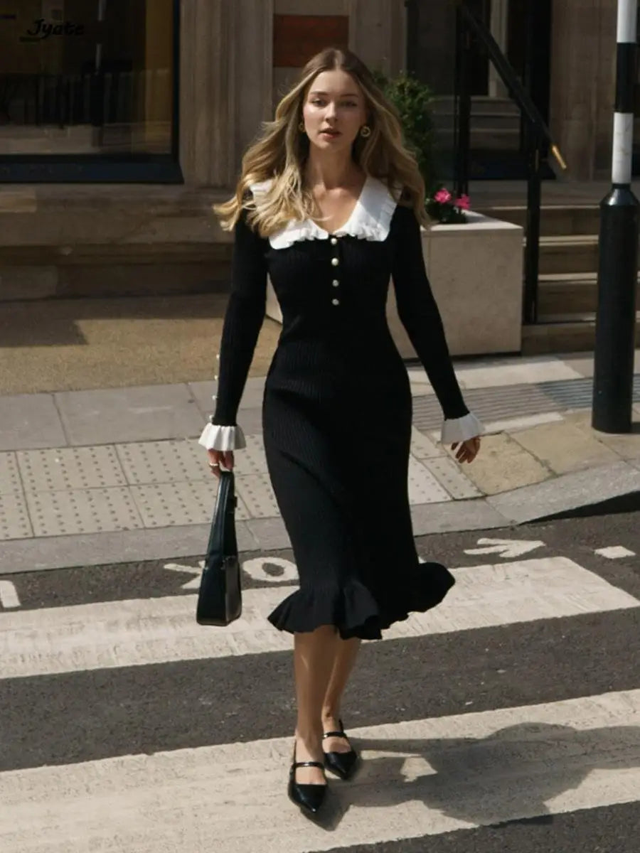 Elegant Ruffled Women Dress Long  Pit Stripe Knit Dresses For Winter Autumn Retro Lapel Pearl Button Fall Fashion Vestidos Robes