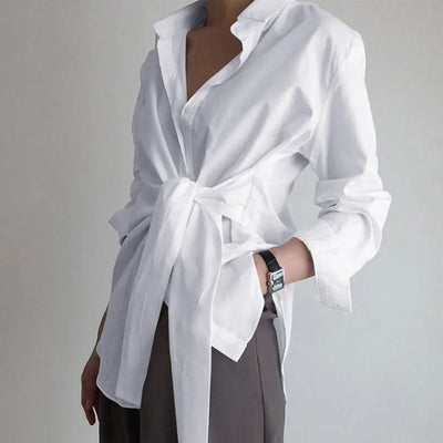 Blouses Women Tops Shirts Turn Down Collar Spring Y2k Streetwear Slim Fit Casual Lace Up Work High Waist Shirt Top Elegant White