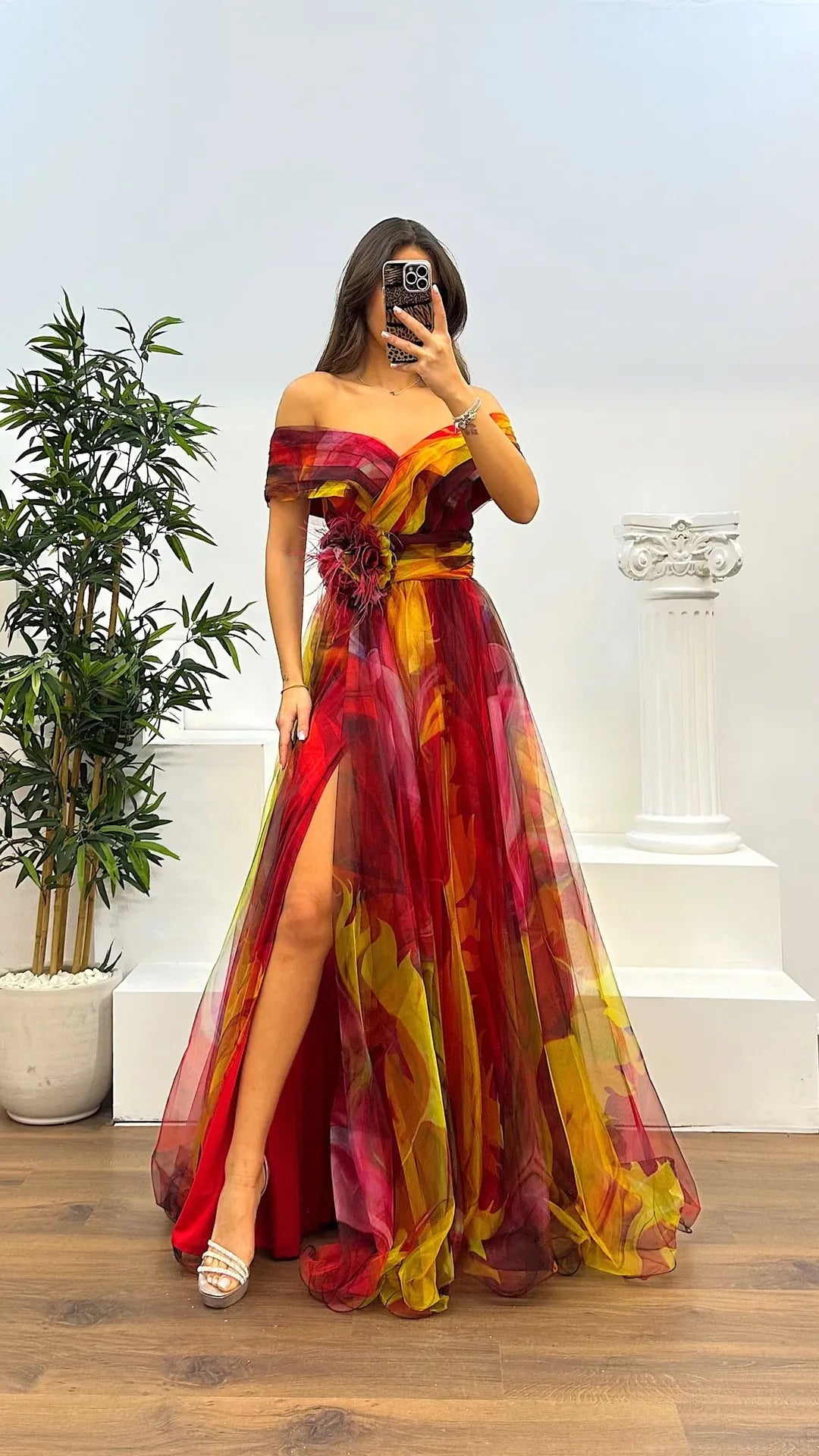 Elegant Formal Party Dress Elegant  Tie-dye Ball Gown with Mesh Bubble Sleeves Split Hem Women's Evening Dress