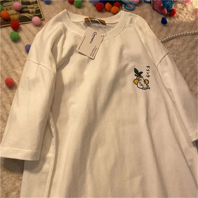 Cotton Loose Retro Short-sleeved T-shirt Women's 2024 Summer New Korean Version Cartoon Print Top
