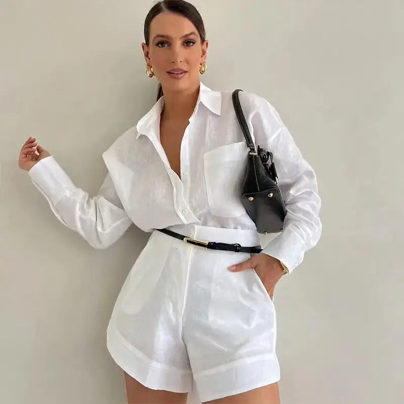 2024 Casual Beach Suits Fashion Summer Cotton Linen Loose Ruffle Shorts Suits Women Long Sleeve Drawstring Pullover 2 Pieces Set