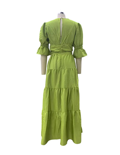 Elegant Ruffle Splicing High Waist And Large Swing Dress For Spring 2025 New Women's Fashion V-neck Long Sleeved Maxi Dress