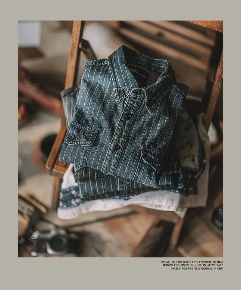 Men's Shirts Long Sleeves Recommend New Sand Washing for Old Retro Trendy Men Thicken Yarn-dyed Striped Shirts for Men