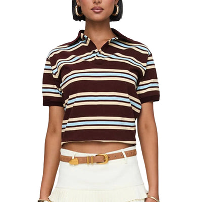 Casual Striped Polo T-Shirt for Women Long Sleeve Lapel Neck Half Button-up Aesthetic Pullover 2025 New Tops
