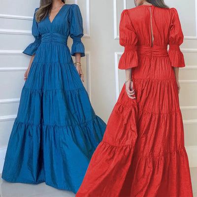 Elegant Ruffle Splicing High Waist And Large Swing Dress For Spring 2025 New Women's Fashion V-neck Long Sleeved Maxi Dress