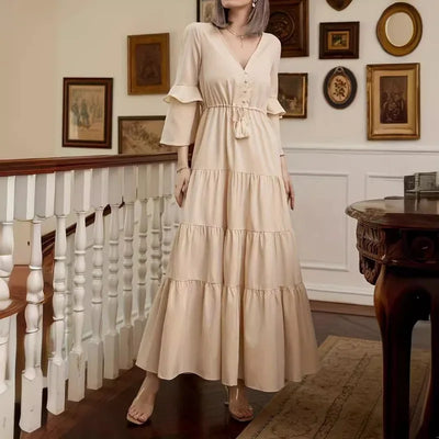 Elegant Women Corset Ruffle Dress Sexy Fashion Long Flare Sleeve V Neck High Waist Party Floor Length Dress Robe for Women