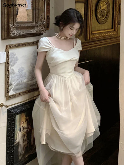 Midi Dress Women Pure Princess Summer Aesthetic Defined Elegant Ladies Gentle Spliced Chic Mesh Partywear French Style Vestidos