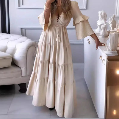 Elegant Women Corset Ruffle Dress Sexy Fashion Long Flare Sleeve V Neck High Waist Party Floor Length Dress Robe for Women
