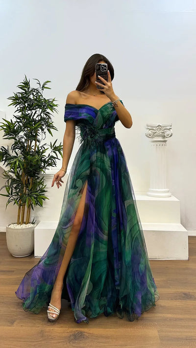 Elegant Formal Party Dress Elegant  Tie-dye Ball Gown with Mesh Bubble Sleeves Split Hem Women's Evening Dress