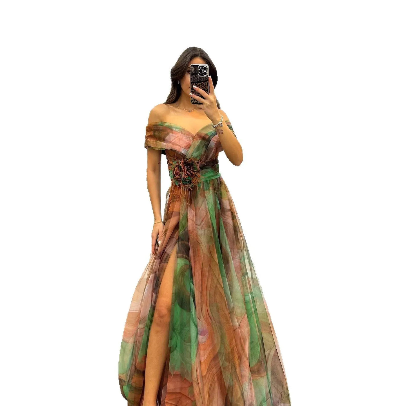 Elegant Formal Party Dress Elegant  Tie-dye Ball Gown with Mesh Bubble Sleeves Split Hem Women's Evening Dress