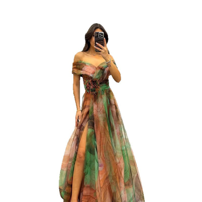 Elegant Formal Party Dress Elegant  Tie-dye Ball Gown with Mesh Bubble Sleeves Split Hem Women's Evening Dress