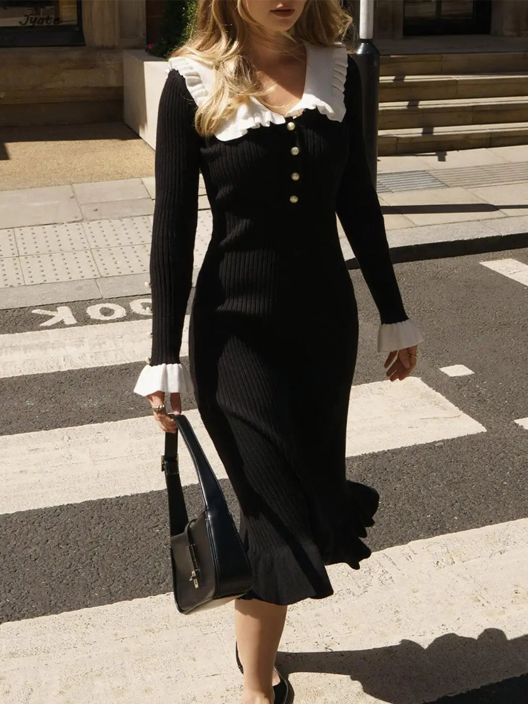 Elegant Ruffled Women Dress Long  Pit Stripe Knit Dresses For Winter Autumn Retro Lapel Pearl Button Fall Fashion Vestidos Robes