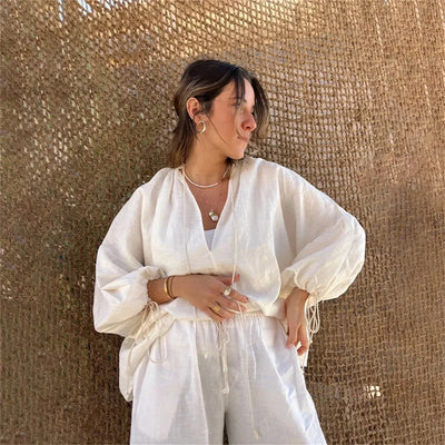 2024 Casual Beach Suits Fashion Summer Cotton Linen Loose Ruffle Shorts Suits Women Long Sleeve Drawstring Pullover 2 Pieces Set