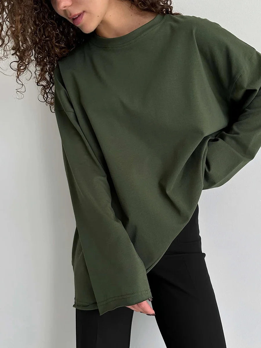 Wolfeel Women Summer 100% Cotton T-shirt Bottoming Spring Basic Fashionable Solid Lady Long Sleeve Loose Tops Shirts