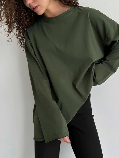 Wolfeel Women Summer 100% Cotton T-shirt Bottoming Spring Basic Fashionable Solid Lady Long Sleeve Loose Tops Shirts