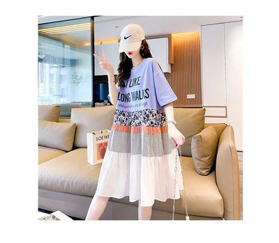 Casual Short Sleeve Letter Dresses Female Clothing Summer Loose A-Line Fashion Printed Patchwork Korean Round Neck Midi Dress