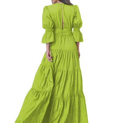 Elegant Ruffle Splicing High Waist And Large Swing Dress For Spring 2025 New Women's Fashion V-neck Long Sleeved Maxi Dress