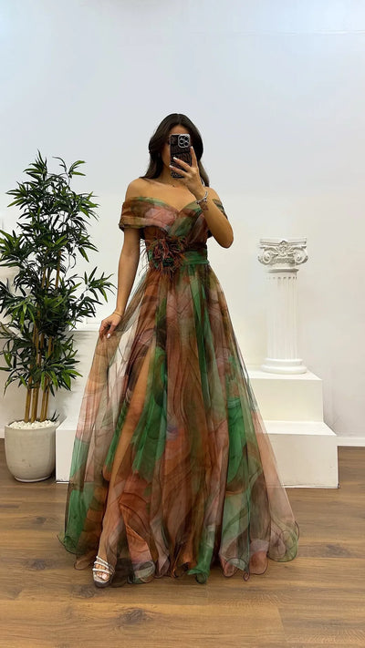 Elegant Formal Party Dress Elegant  Tie-dye Ball Gown with Mesh Bubble Sleeves Split Hem Women's Evening Dress