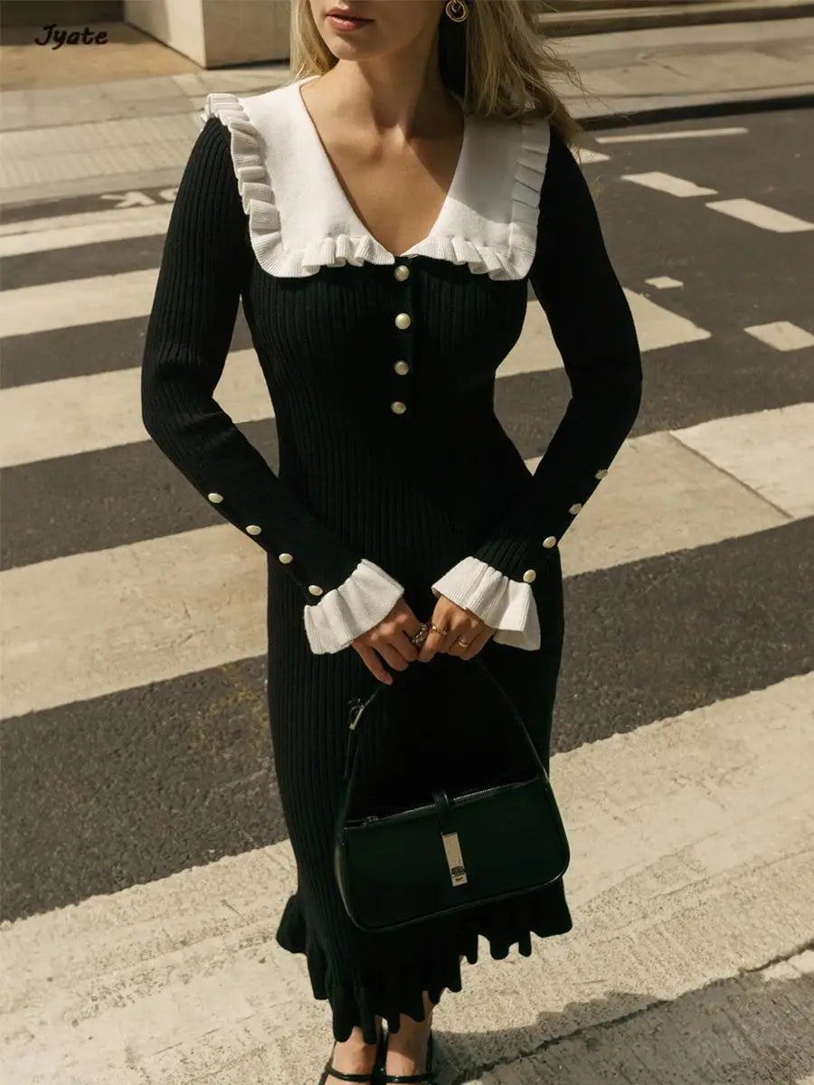 Elegant Ruffled Women Dress Long  Pit Stripe Knit Dresses For Winter Autumn Retro Lapel Pearl Button Fall Fashion Vestidos Robes