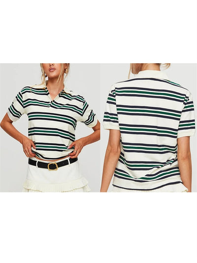 Casual Striped Polo T-Shirt for Women Long Sleeve Lapel Neck Half Button-up Aesthetic Pullover 2025 New Tops