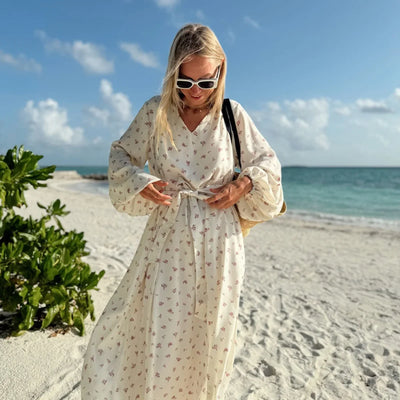 Wolfeel  Summer Women Printed Chiffon  V-neck Dress Sweet Casual Loose Beach Lace Up Long Skirts Fashionable Office Lady Dress