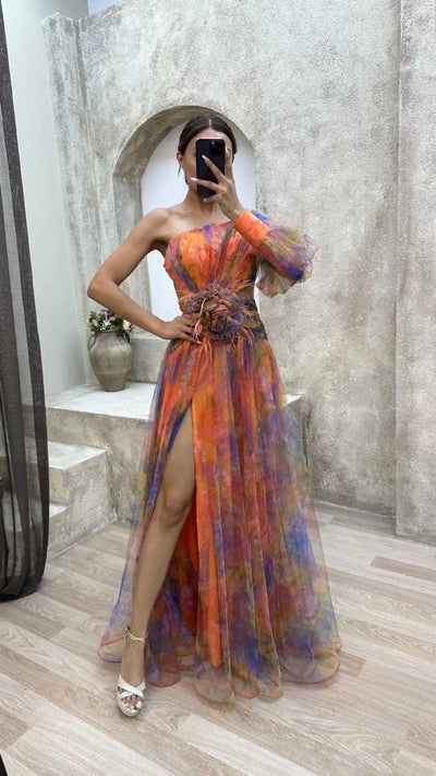 Elegant Formal Party Dress Elegant One Shoulder Tie-dye Ball Gown with Mesh Bubble Sleeves Split Hem Women's Evening Dress