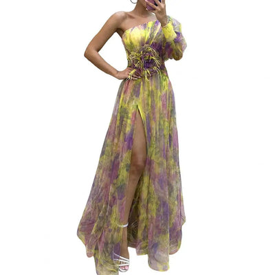 Elegant Formal Party Dress Elegant One Shoulder Tie-dye Ball Gown with Mesh Bubble Sleeves Split Hem Women's Evening Dress