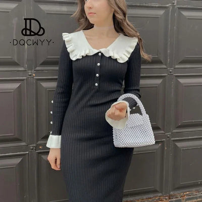 Elegant Party Dresses Woman Mid Length Ruffle Edge Dress with Contrasting Colors Knitted Dress 2024 Autumn Ladies French Dress
