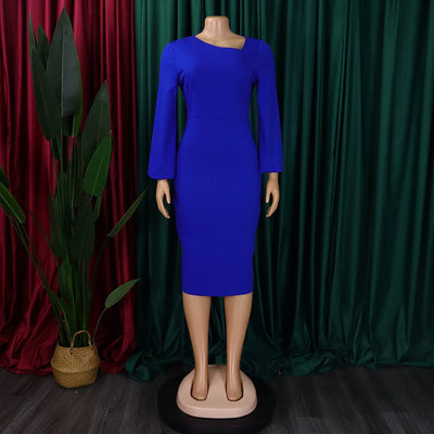 Elegant Office Dress for Women Professional Skew Collar Full Sleeve Sheath Package Hips Mid Calf Formal Business Work Wear Dress