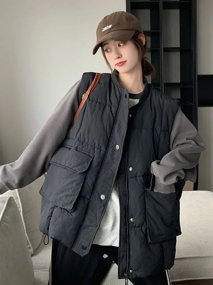 Loose Black Women's Vests Elegant Cold Insulated Youthful Lady Padded Cotton Giletes Working Clothes Fashion 2024 Sleeveless