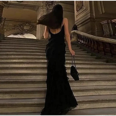 Elegant Stacked Ruffle Split Hem Long Dress Women Sexy Sleeveless Backless Chiffon V Neck Dresses 2024 New Lady Vacation Vestido