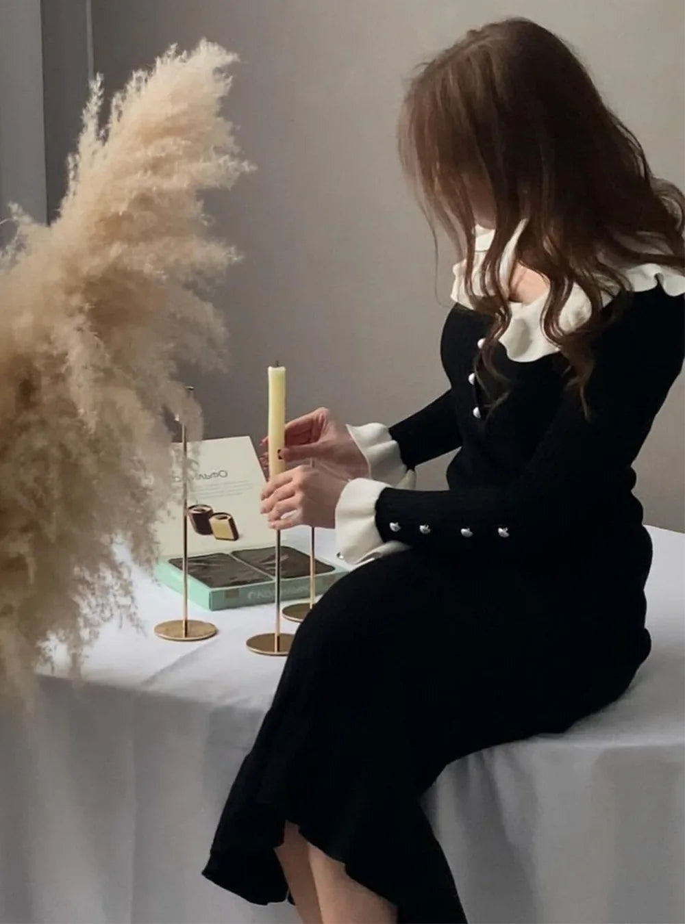 Elegant Party Dresses Woman Mid Length Ruffle Edge Dress with Contrasting Colors Knitted Dress 2024 Autumn Ladies French Dress