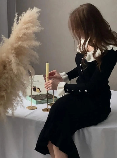 Elegant Party Dresses Woman Mid Length Ruffle Edge Dress with Contrasting Colors Knitted Dress 2024 Autumn Ladies French Dress
