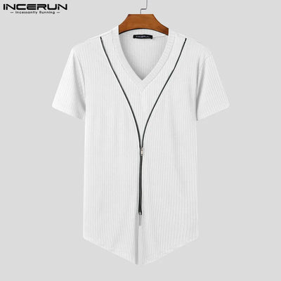 Short Sleeve Tops Tee Fashion Zipper Men T-Shirts Solid Color Irregular Tops V Neck Sexy Party Streetwear Oversize Tee INCERUN