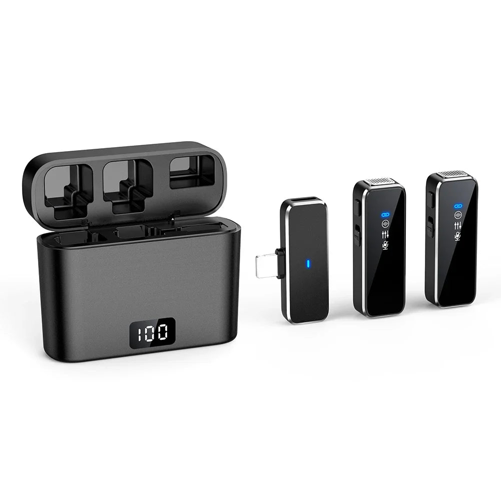 Wireless Lavalier Microphone Mini Portable Lapel Mic Dual-Channel Audio Video Voice Recording LCD for iPhone Android Live Stream