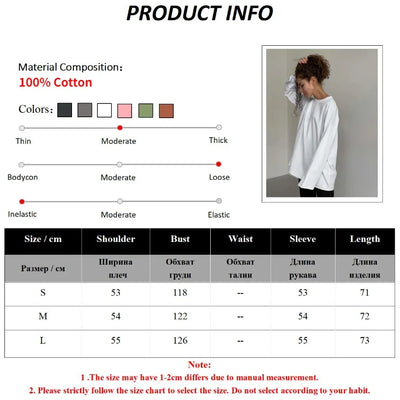 Wolfeel Women Summer 100% Cotton T-shirt Bottoming Spring Basic Fashionable Solid Lady Long Sleeve Loose Tops Shirts