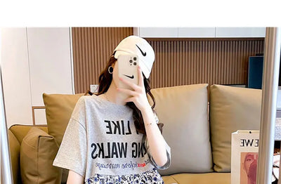 Casual Short Sleeve Letter Dresses Female Clothing Summer Loose A-Line Fashion Printed Patchwork Korean Round Neck Midi Dress