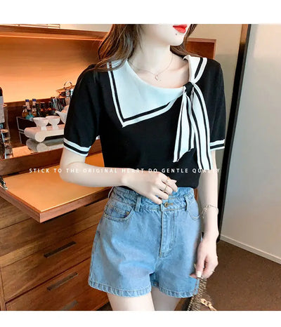 Casual Short Sleeve T-shirt for Women Loose Contrast Sweet All-match Solid Ice Silk Tops Tees Summer New Fashion Korean Clothing