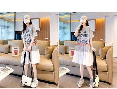 Casual Short Sleeve Letter Dresses Female Clothing Summer Loose A-Line Fashion Printed Patchwork Korean Round Neck Midi Dress