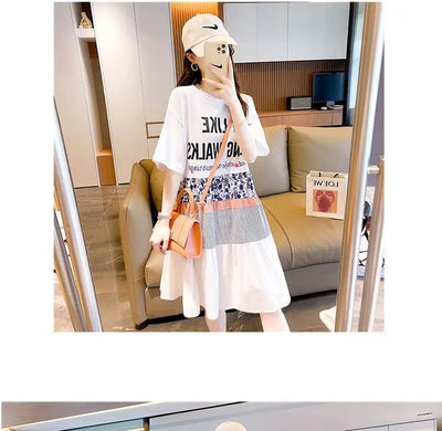 Casual Short Sleeve Letter Dresses Female Clothing Summer Loose A-Line Fashion Printed Patchwork Korean Round Neck Midi Dress
