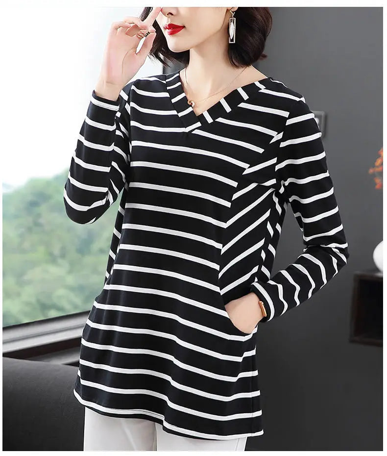 Women's V-Neck Casual All-match Midi Striped Tops Fashion Elegant Long Sleeve Pullovers T-shirt Female Clothing Spring Autumn