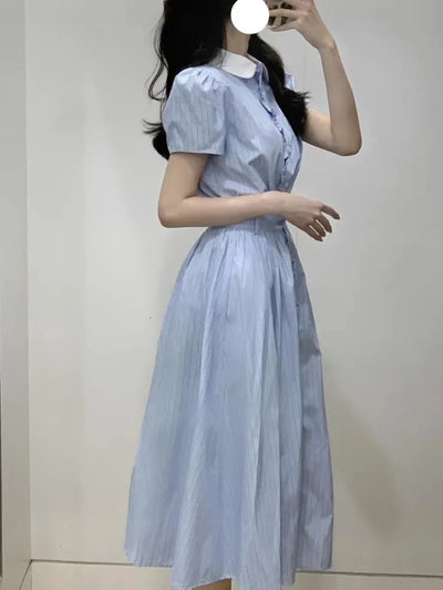 Midi Dress for Women Striped Patchwork Sweet Summer Korean Style Fashion Puff Sleeve Ins Classic College Casual Vestido Feminino
